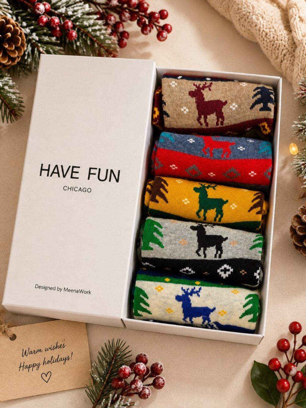 Have Fun Chicago Christmas Socks 5 Pack Deer Holiday Gift Set MeenaWork NIB